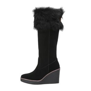 UGG VALBERG Black Wedge Platform Fur Trimmed Boots Size 6.5